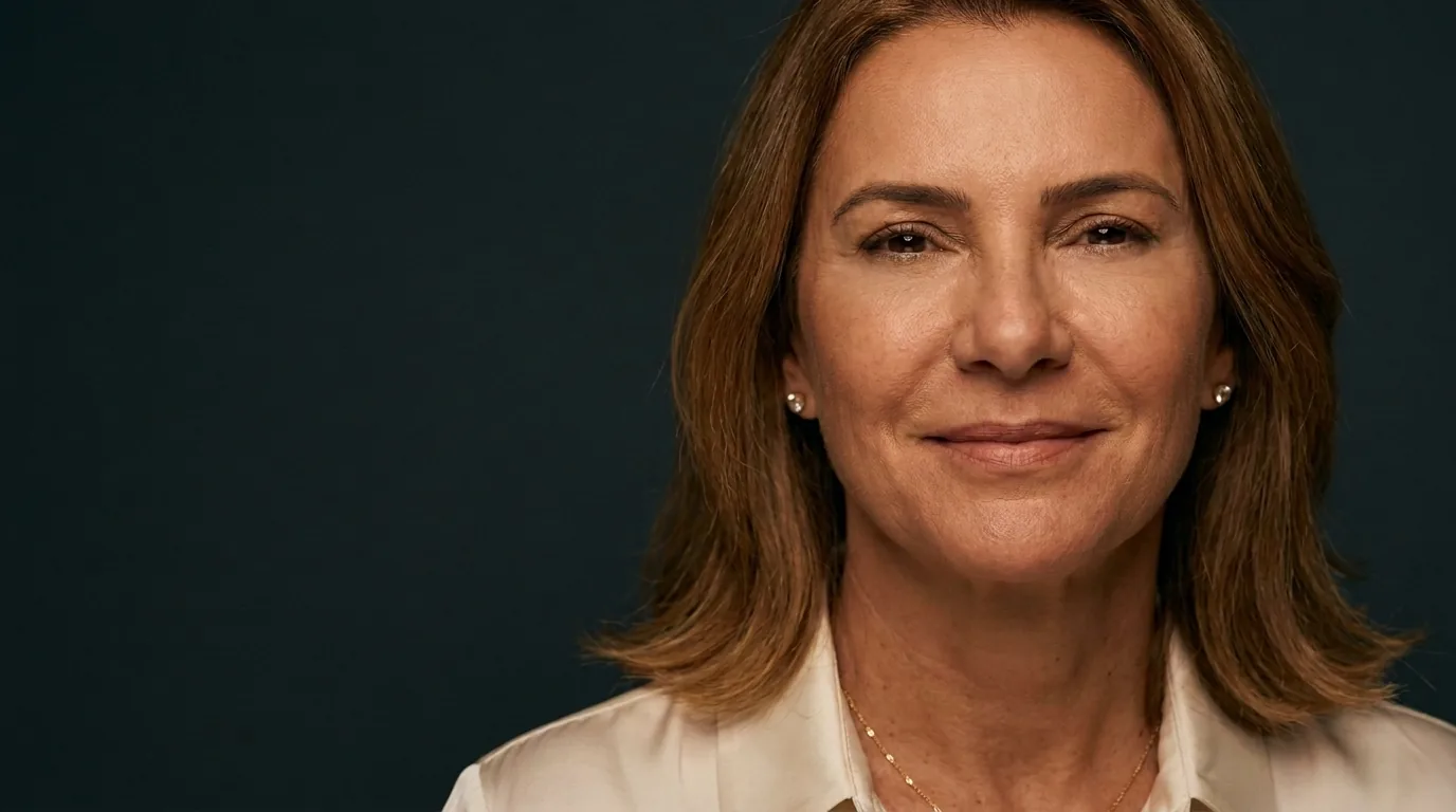 Retrato de uma mulher de cerca de 52 anos, olhar sereno, voltado para a câmera